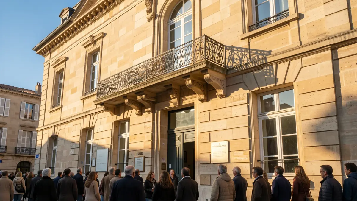 Stone facade of a Provence-Alpes-Côte d'Azur town hall with ornate balcony and iron railings, warm afternoon sunlight casting shadows on the sandstone walls, blue sky, documentary photography style.