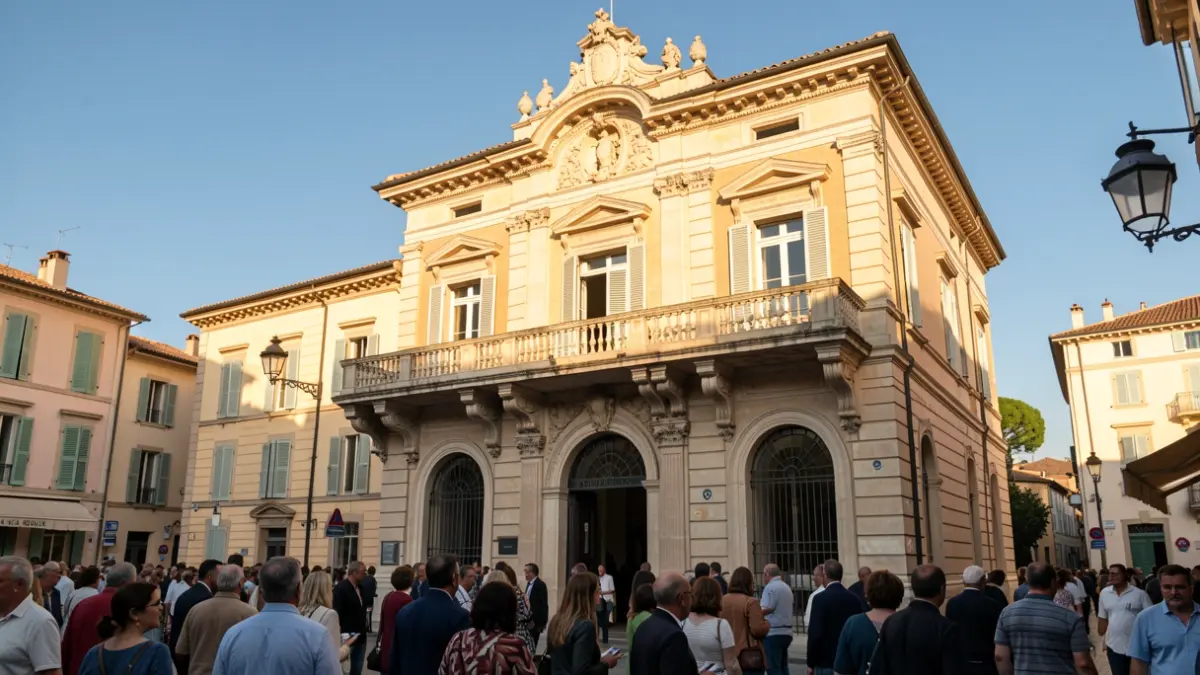 Image générique de la façade d'une mairie dans le sud de la France, avec un balcon et des détails architecturaux, sous un soleil d'après-midi.