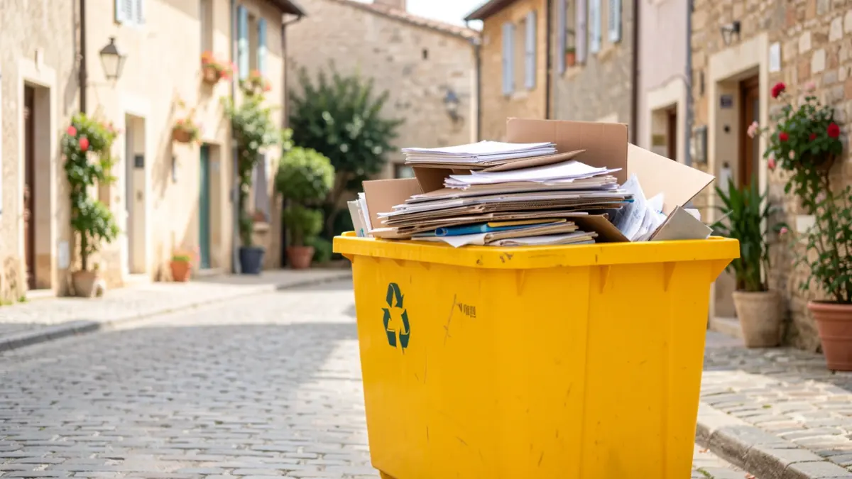 Bac de tri jaune rempli de papiers et cartons dans une rue de Bras.