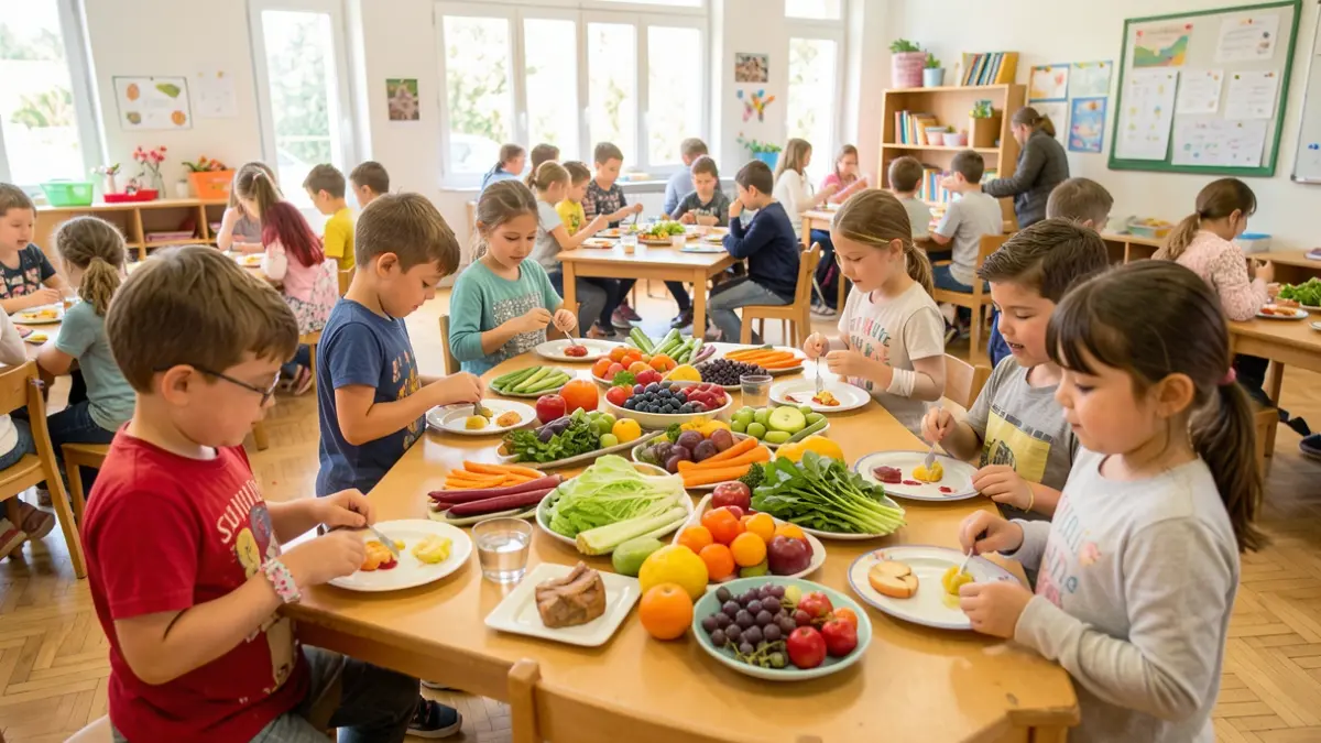 Generic image of children participating in a tasting workshop with colorful fruits and vegetables.