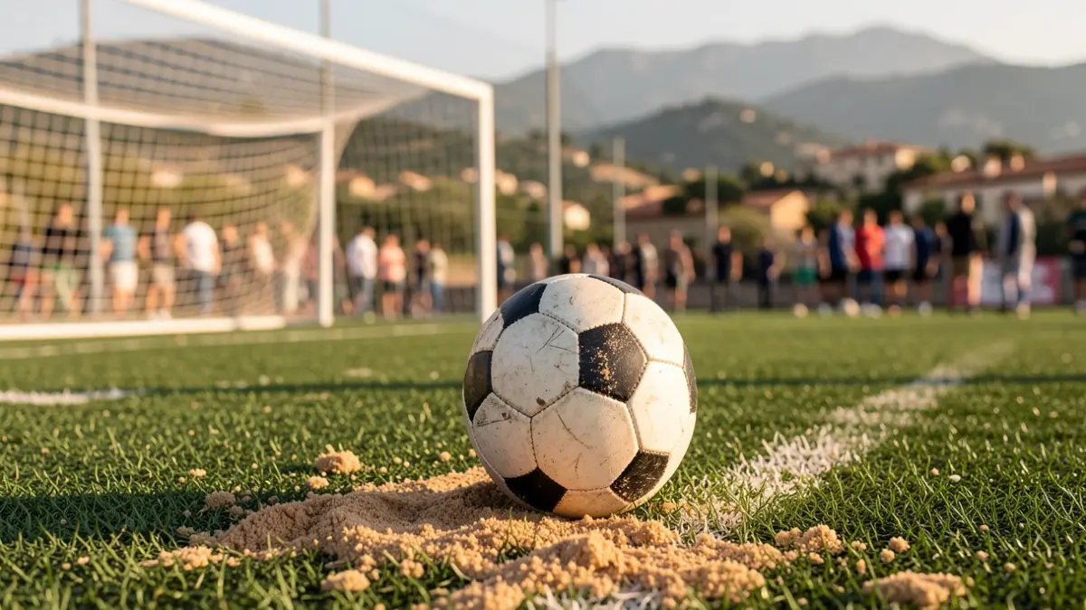 Generic image of a synthetic football field with a blurred goal net in the background, afternoon sunlight.