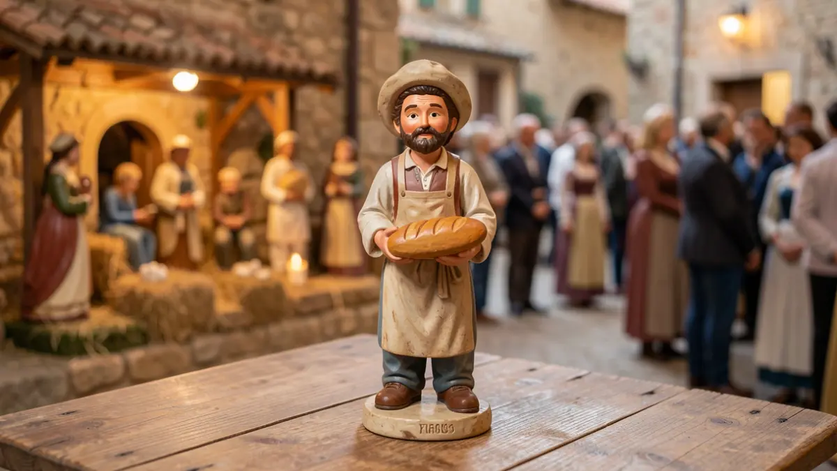 Provencal santon figurine representing a baker, on a wooden table.