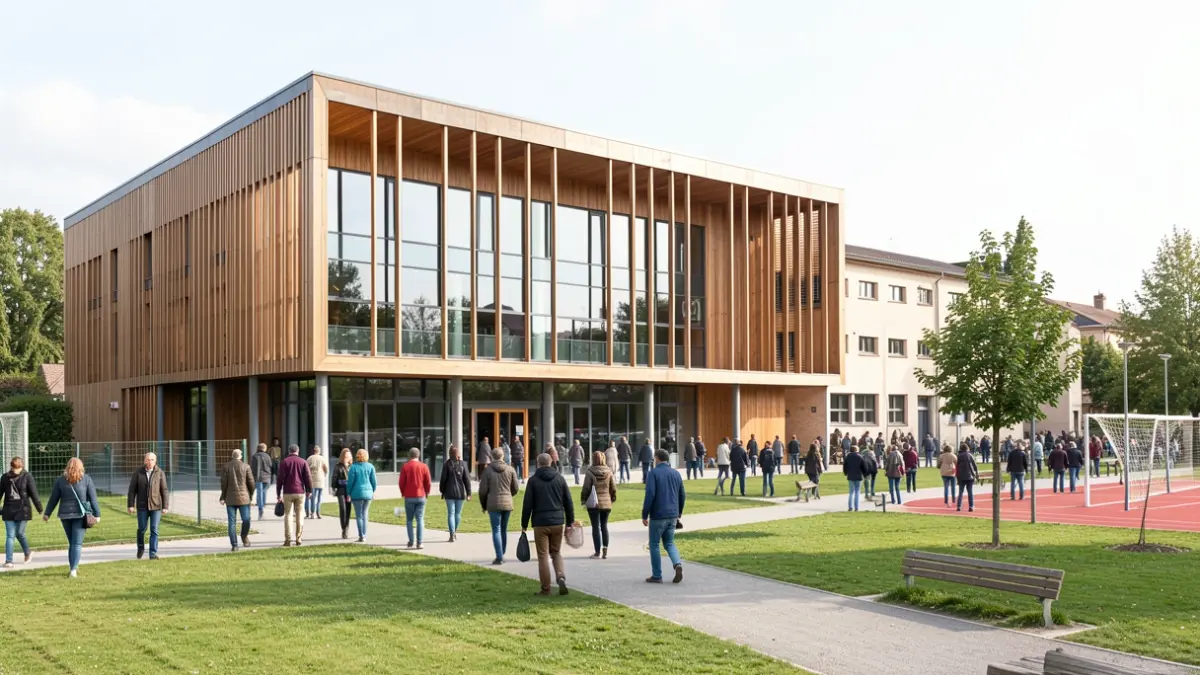 Generic image of the facade of a modern sports building with wooden elements and large windows, in a landscaped environment.