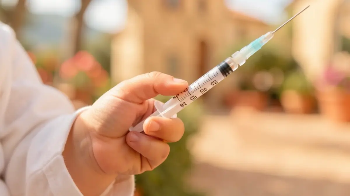 Generic image of a baby's hand holding a medical syringe, symbolizing protection. Soft, warm lighting.