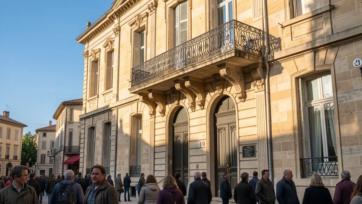 Generic image of the stone facade of a public administrative building in southern France, featuring traditional architectural elements and sunlight.