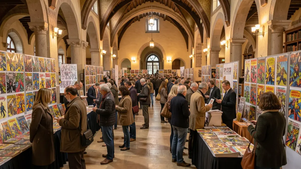 Generic image of a comic book festival with authors and visitors in a hall.