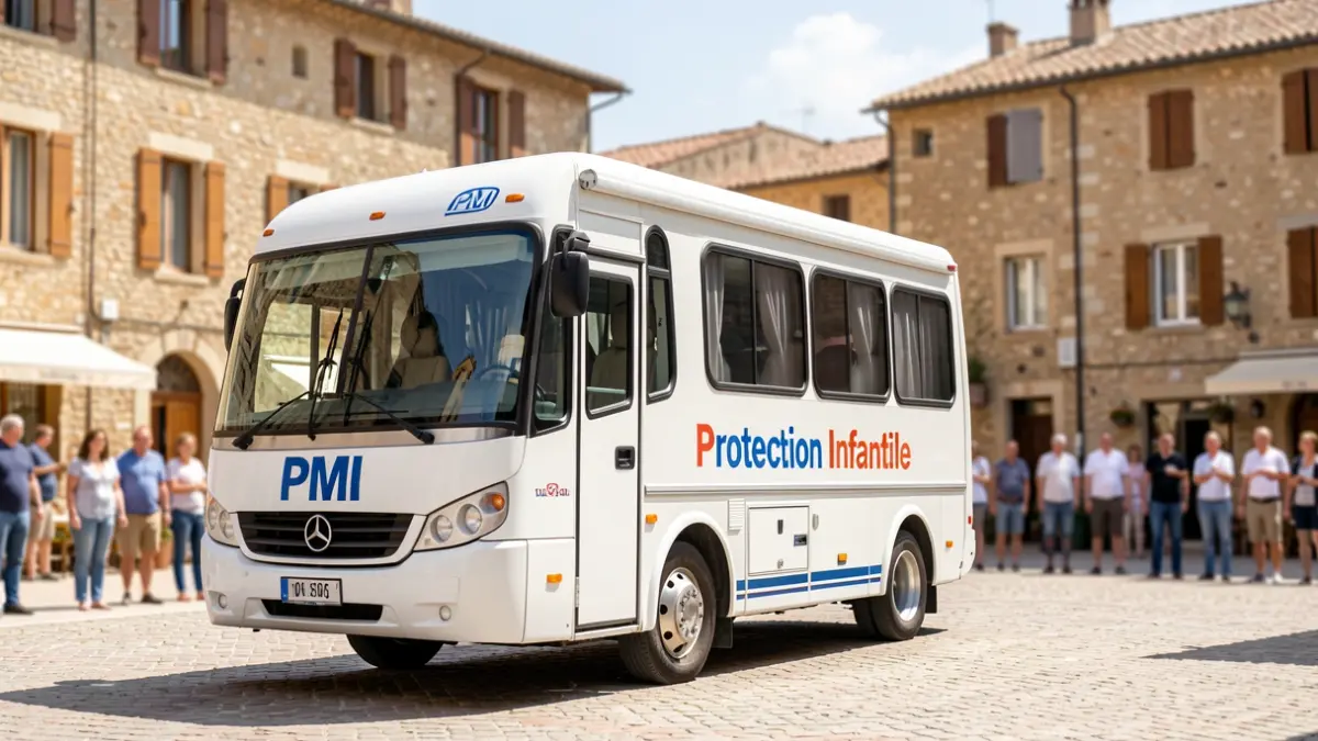 Image générique d'un bus médical mobile stationné sur une place de village ensoleillée, avec des bâtiments traditionnels en arrière-plan.