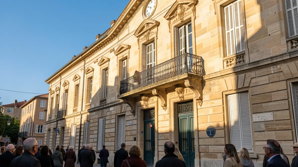 Generic image of a Provence-Alpes-Côte d'Azur town hall facade with ornate balcony and iron railings, warm afternoon sunlight casting shadows on the sandstone walls, blue sky.