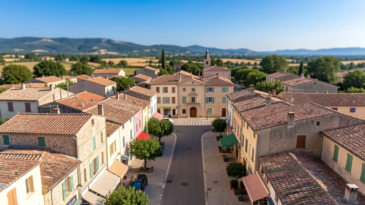 Vue aérienne de Camaret-sur-Aigues, montrant le nouveau plan de la ville.