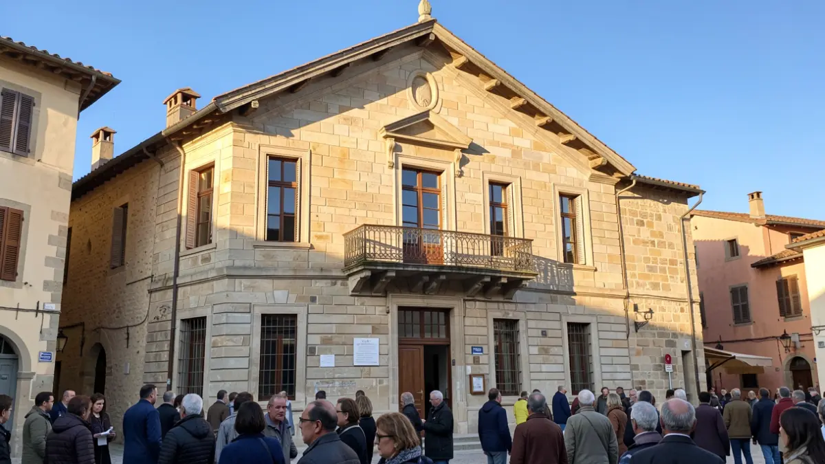 Generic image of a Provencal stone town hall facade with an ornate balcony, in the afternoon sun.