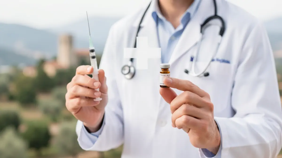 Generic image of a healthcare professional holding a syringe and a vial, with a blurred Mediterranean landscape in the background.