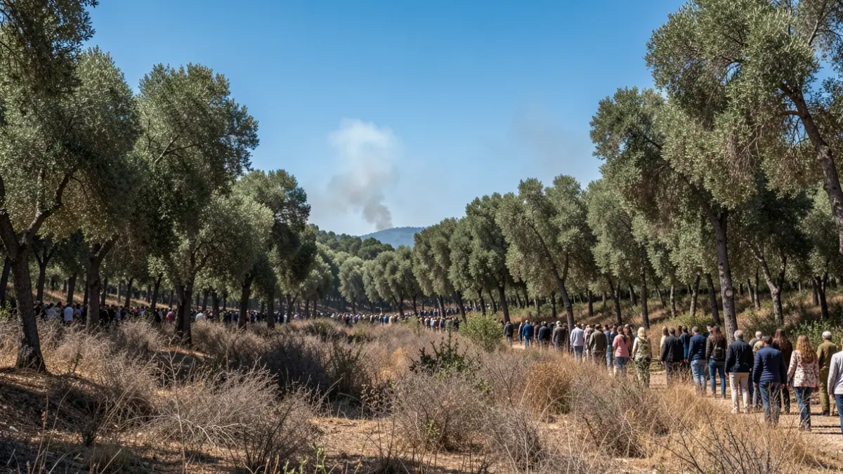 Generic image of a Mediterranean forest under a blue sky, with a light haze of smoke on the horizon.