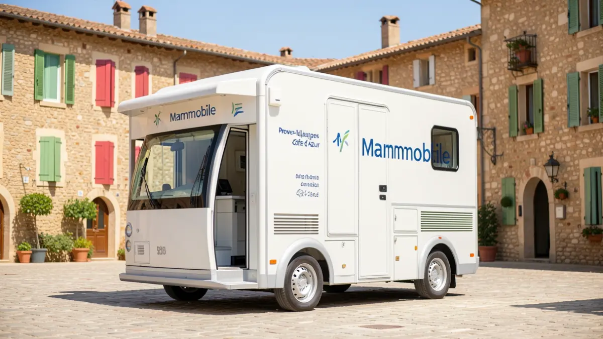 Le Mammobile, cabinet de dépistage du cancer du sein itinérant, stationné sur une place provençale.