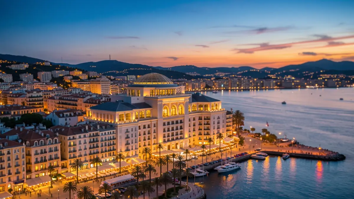 Generic image of a Mediterranean coastal city illuminated at night, with reflections on the water.
