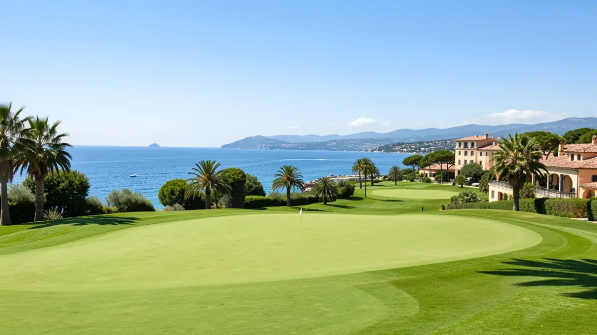 Image générique d'un parcours de golf verdoyant avec vue sur la mer Méditerranée et des éléments architecturaux provençaux.