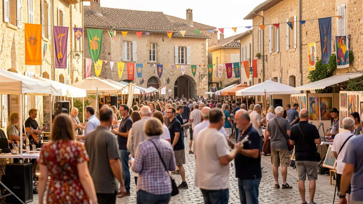 Image générique d'une place de ville animée lors d'une fête culturelle, avec des silhouettes floues de personnes profitant de la musique et des expositions d'art, sous un soleil d'après-midi.