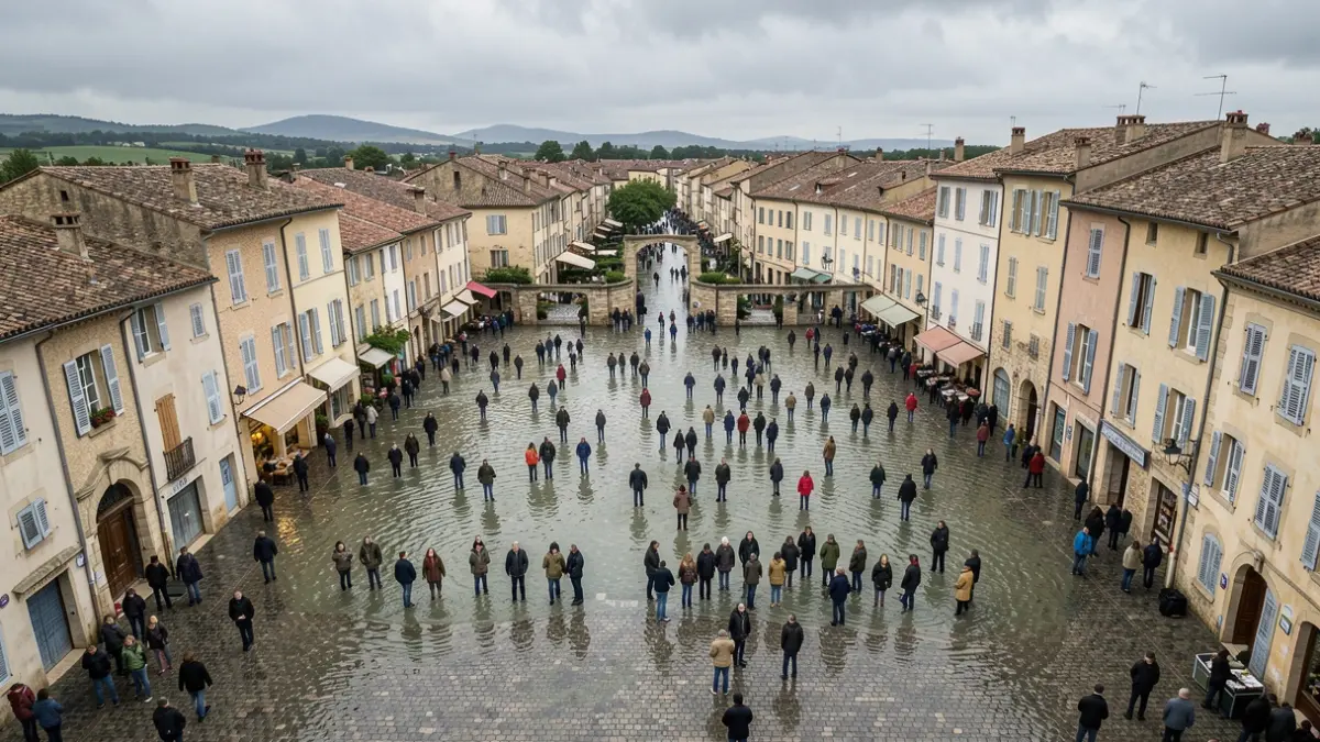 Generic image of a flooded Provençal village square due to bad weather.