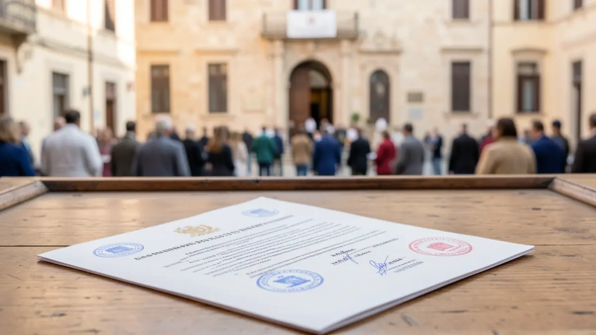 Generic image of a stamped official document on a wooden desk, with a blurred background of a Mediterranean town hall facade.
