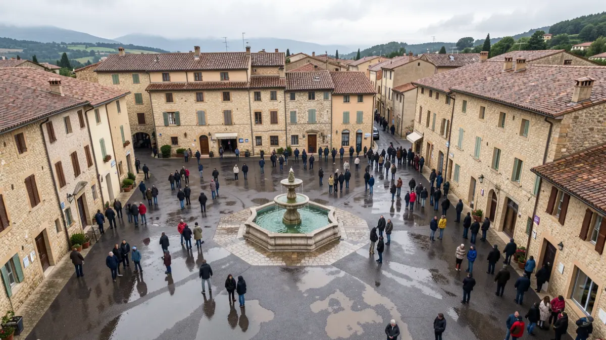 Generic image of a town square in Provence-Alpes-Côte d'Azur after heavy rain, with puddles reflecting the overcast sky.