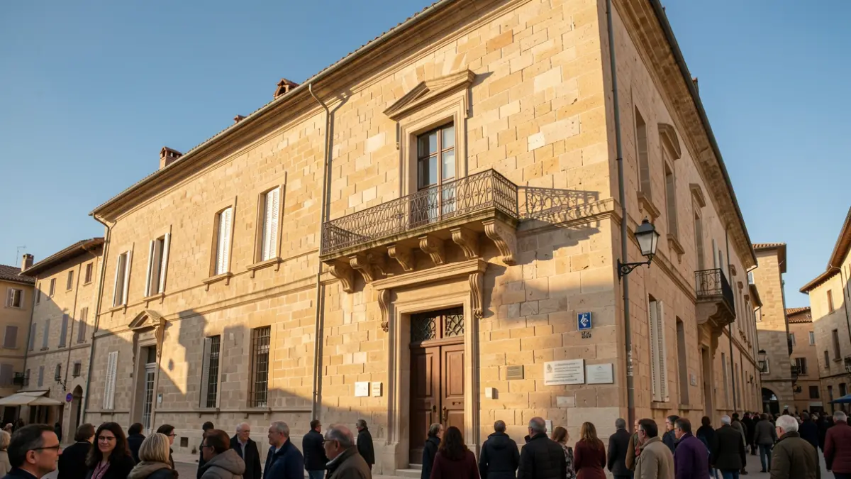 Stone facade of a town hall in Provence-Alpes-Côte d'Azur with an ornate balcony and iron railings, under the afternoon sun.