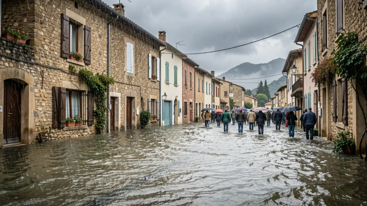 Generic image of flooded streets in a Mediterranean town during heavy rain, with no proper names or specific event details.