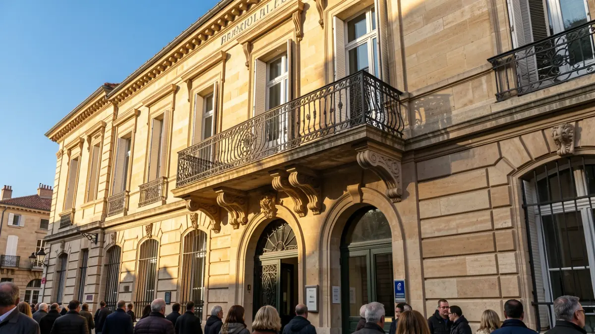 Generic image of the facade of an official building in Southern France, featuring architectural details and a blue sky.