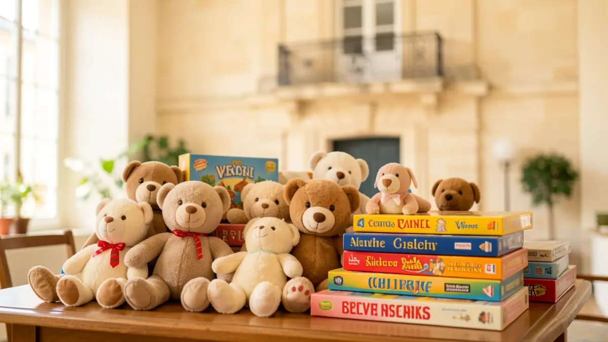 Generic image of donated toys in front of a town hall for a solidarity collection.