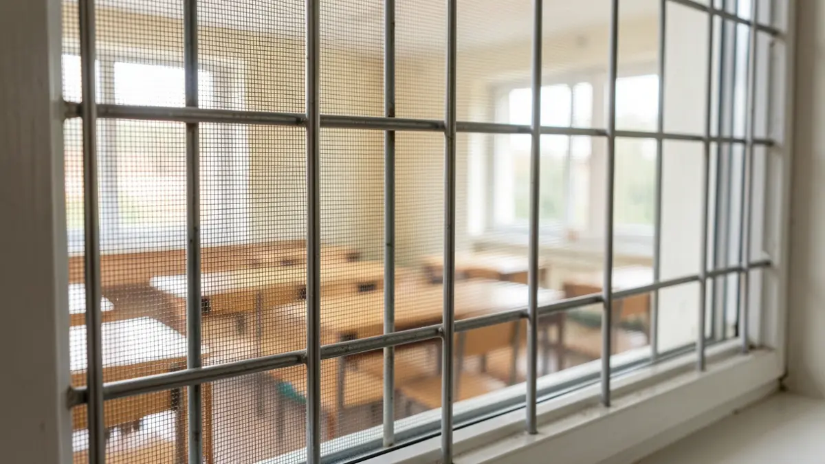Metal security grille on a school window with micro-perforated film.