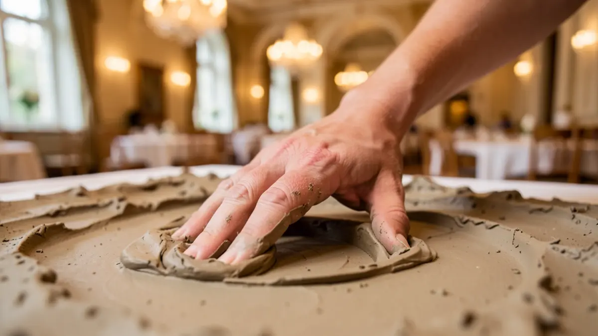 Generic image of a hand creating an imprint in clay, in an event hall setting.