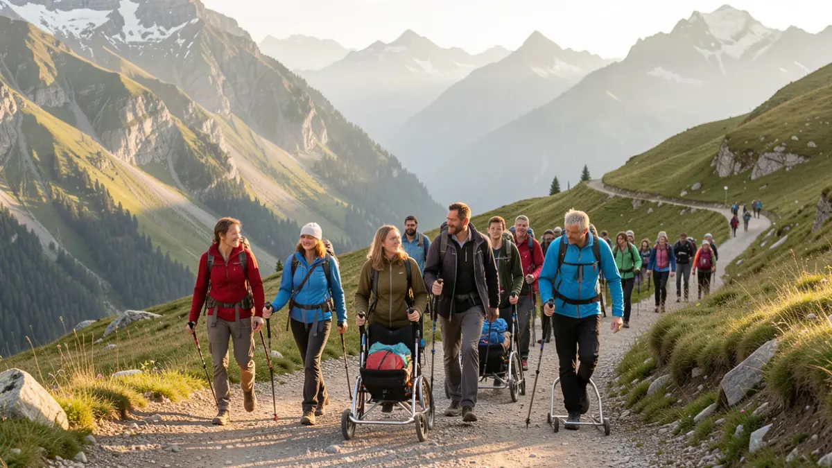 Image générique d'un groupe de personnes pratiquant une activité de plein air dans un paysage montagneux.
