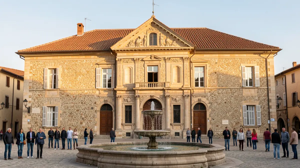 Renovated facade of the Cogolin Town Hall with its fountain.