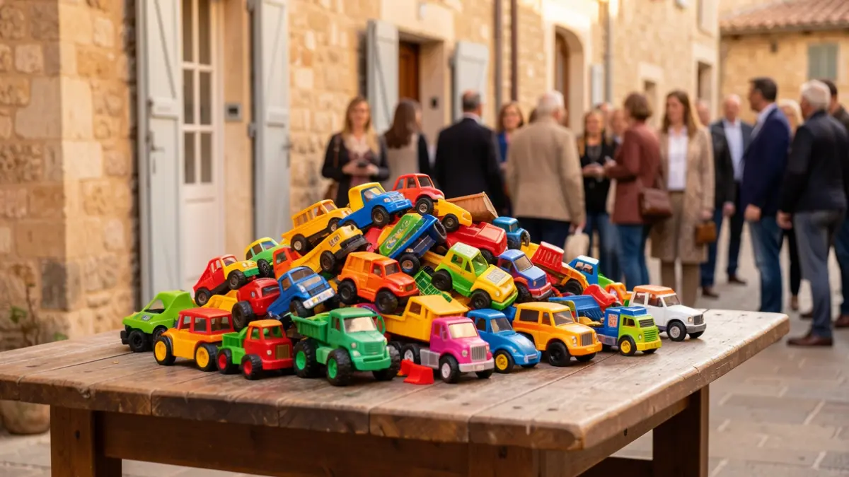 Image générique de jouets empilés sur une table en bois, éclairée par une lumière douce.