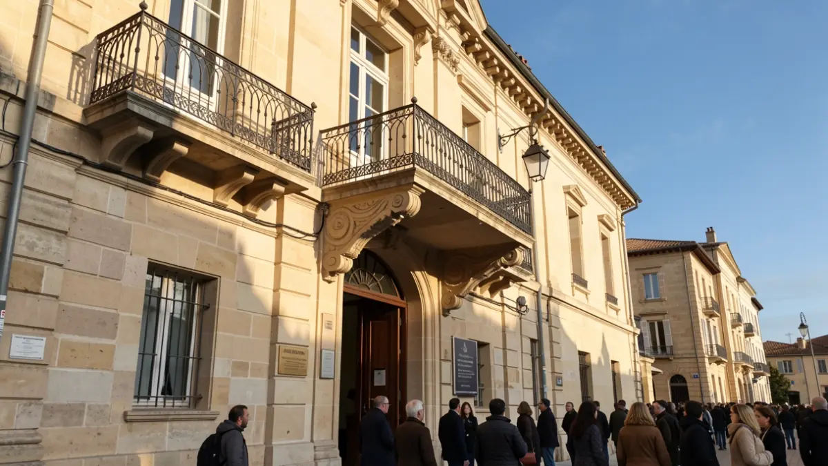 Stone facade of a Provence-Alpes-Côte d'Azur town hall with ornate balcony and iron railings, warm afternoon sunlight casting shadows on the sandstone walls, blue sky, documentary photography style.
