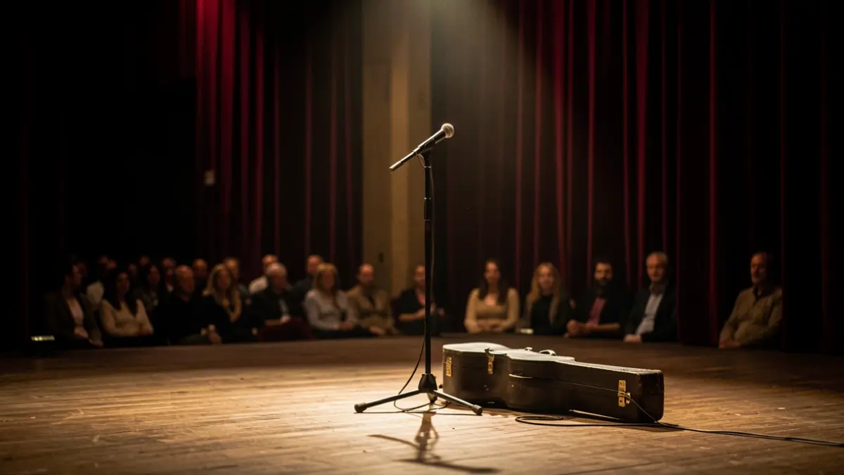 Empty concert stage in a Provençal theater, lit by warm spotlights.