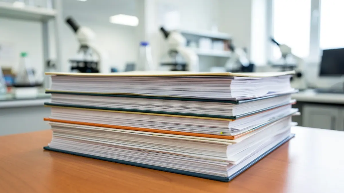 Image générique de documents académiques et de livres sur un bureau dans un laboratoire de recherche.