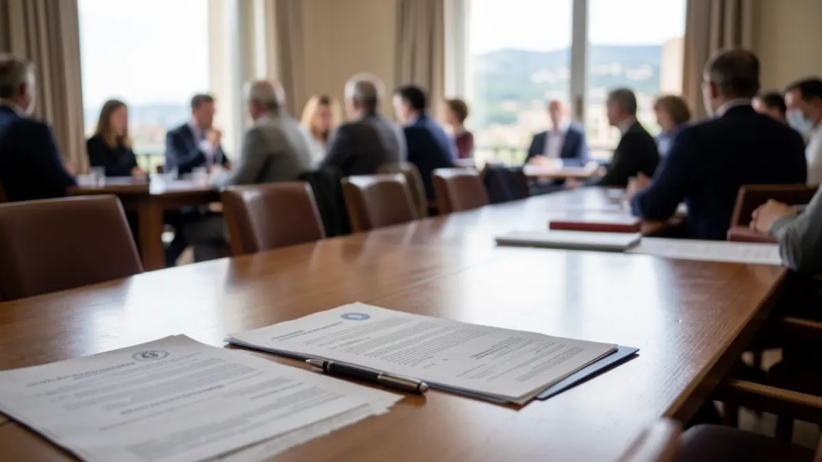 Generic image of official documents on a table during a meeting.