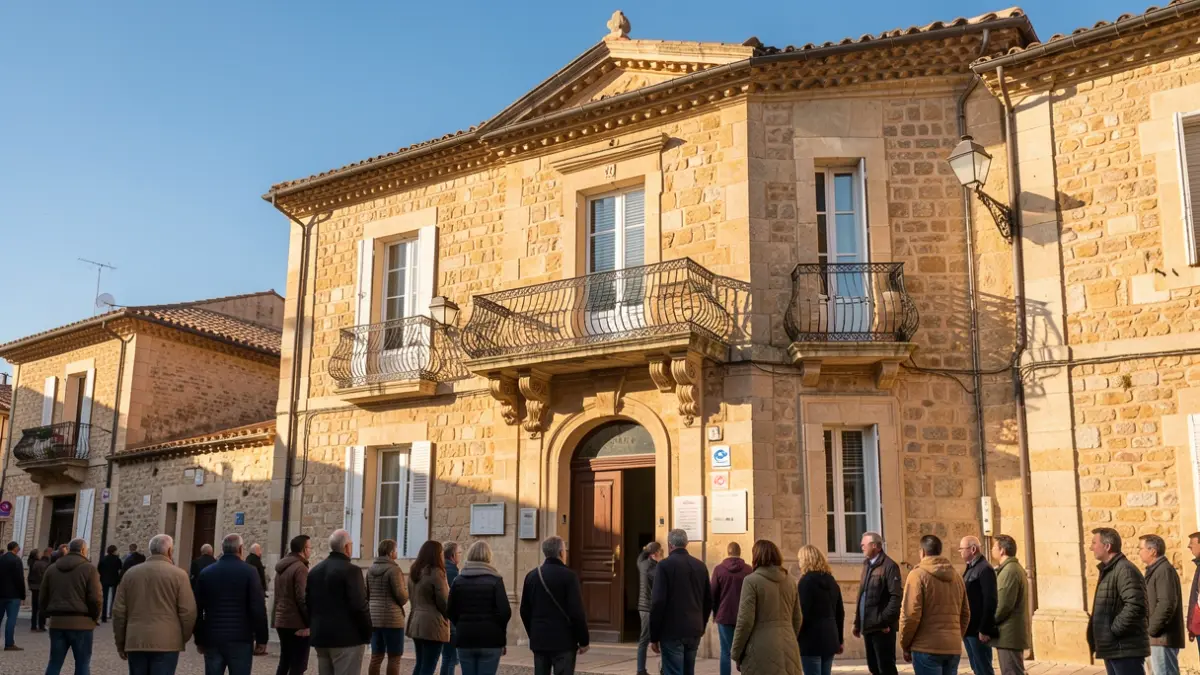 Façade de la mairie de Bouc-Bel-Air, un bâtiment traditionnel en pierre avec balcon et balustrade en fer forgé, sous le soleil de l'après-midi provençal.