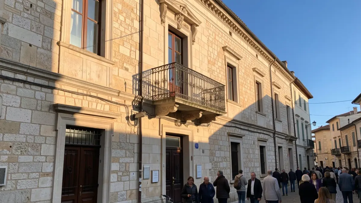 Image générique de la façade d'un hôtel de ville méditerranéen avec balcon orné, sous un soleil d'après-midi.