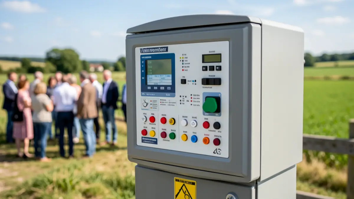 Generic image of an individual wastewater treatment control panel in a rural landscape.