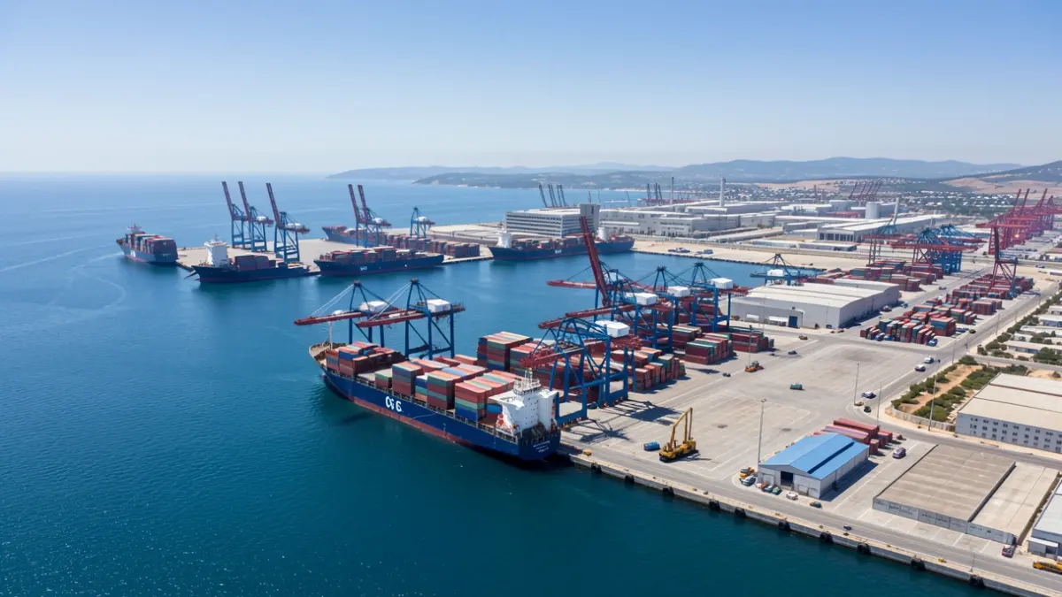 Aerial view of a large Mediterranean port with container ships and cranes.