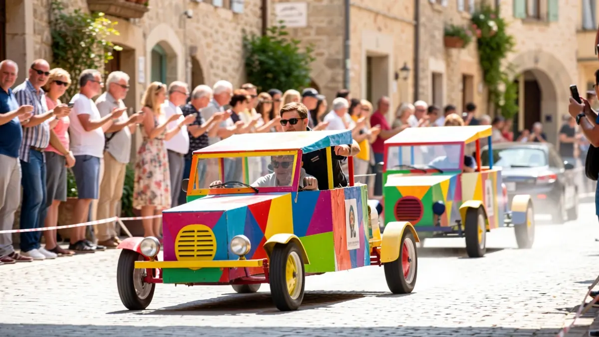 Course de caisses à savon colorées dans les rues de Contes, avec des spectateurs en arrière-plan.