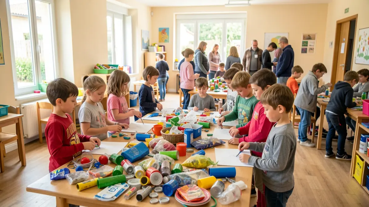 Image générique d'enfants participant à un atelier de recyclage créatif dans un centre communautaire en Provence.