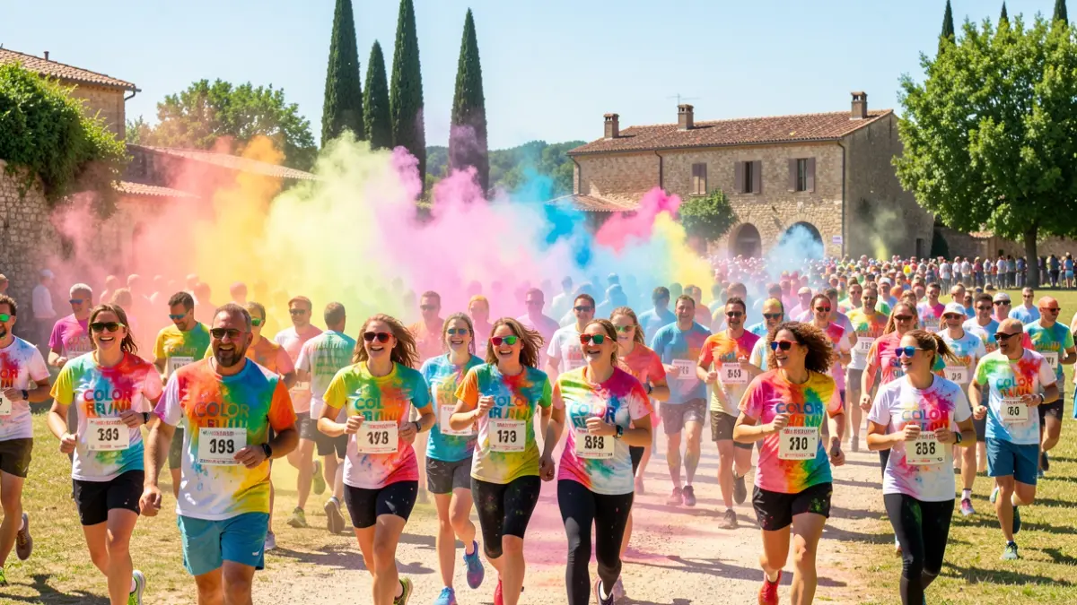 Image générique d'une Color Run avec des participants joyeux et de la poudre colorée dans l'air.