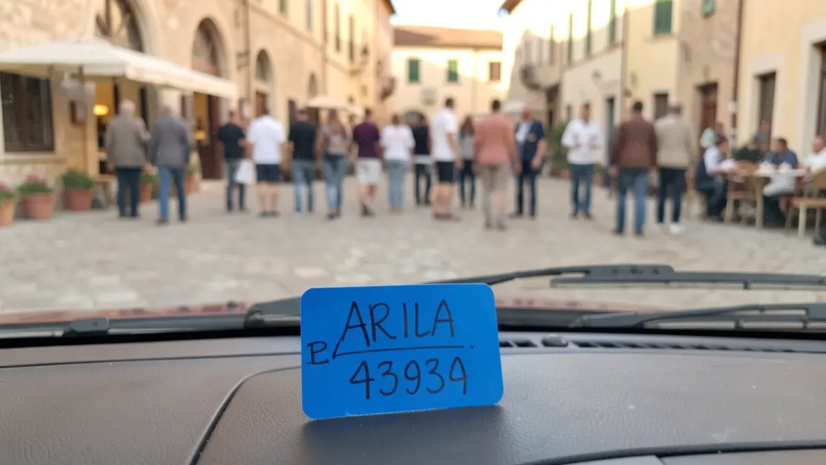 Blue parking disc on a dashboard, with a village square in the background.