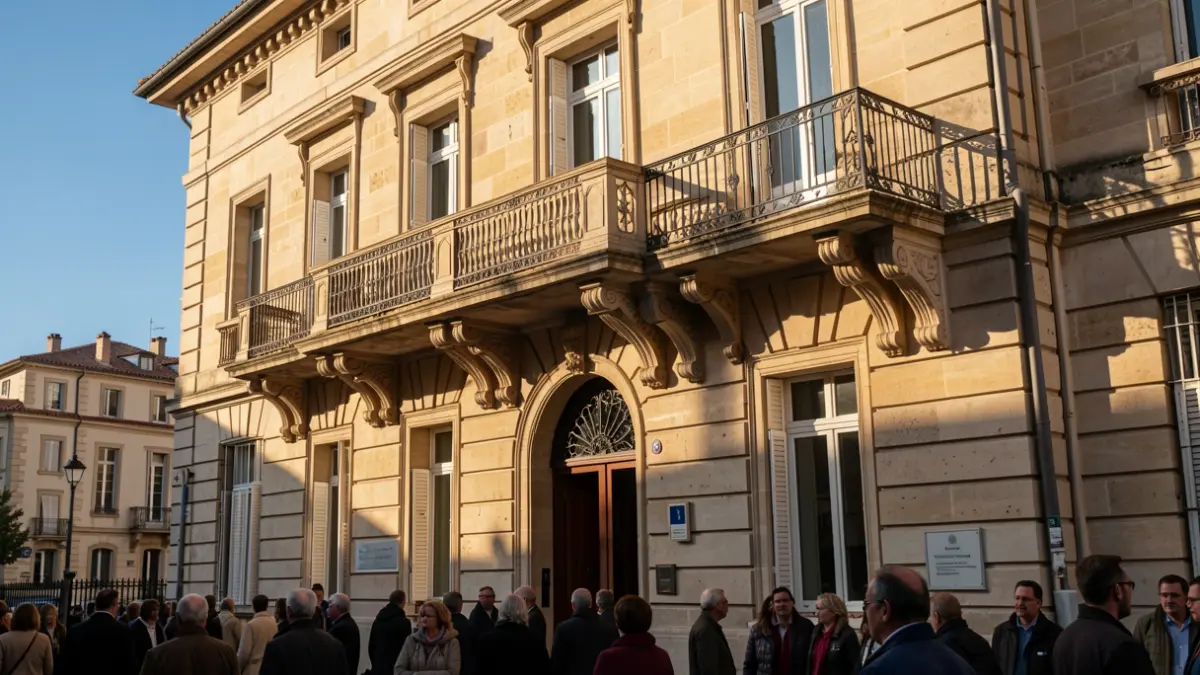 Stone facade of a Provence-Alpes-Côte d'Azur town hall with ornate balcony and iron railings, warm afternoon sunlight casting shadows on the sandstone walls, blue sky. Documentary photography style.