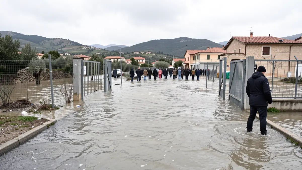 Image générique d'une route inondée menant à une déchèterie fermée.