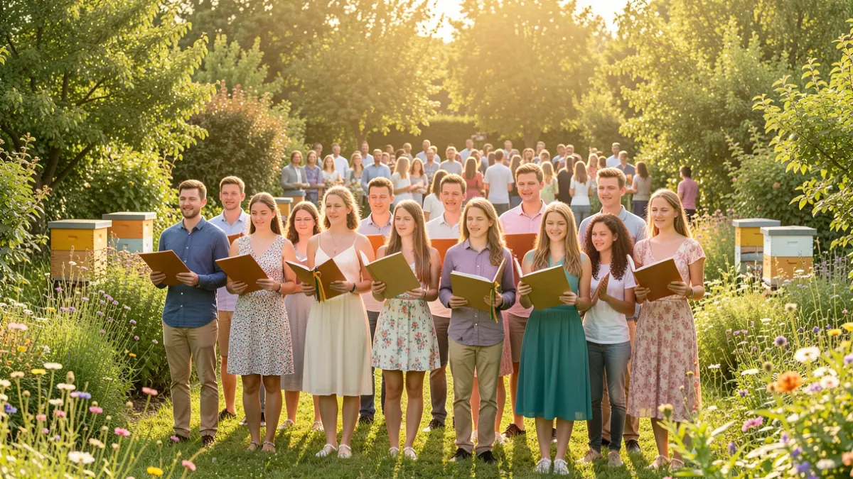 Image générique de jeunes recevant des diplômes dans un jardin avec des ruches en arrière-plan.