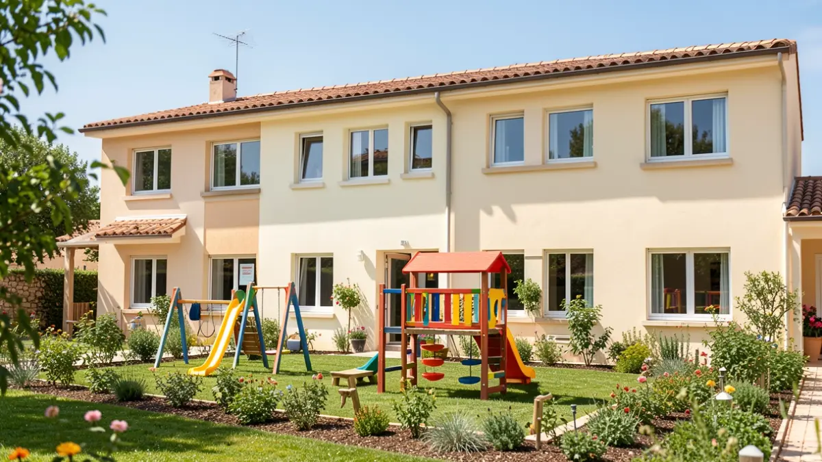 Generic image of the facade of a renovated kindergarten in a Mediterranean architectural style, with a garden and children's play structures.
