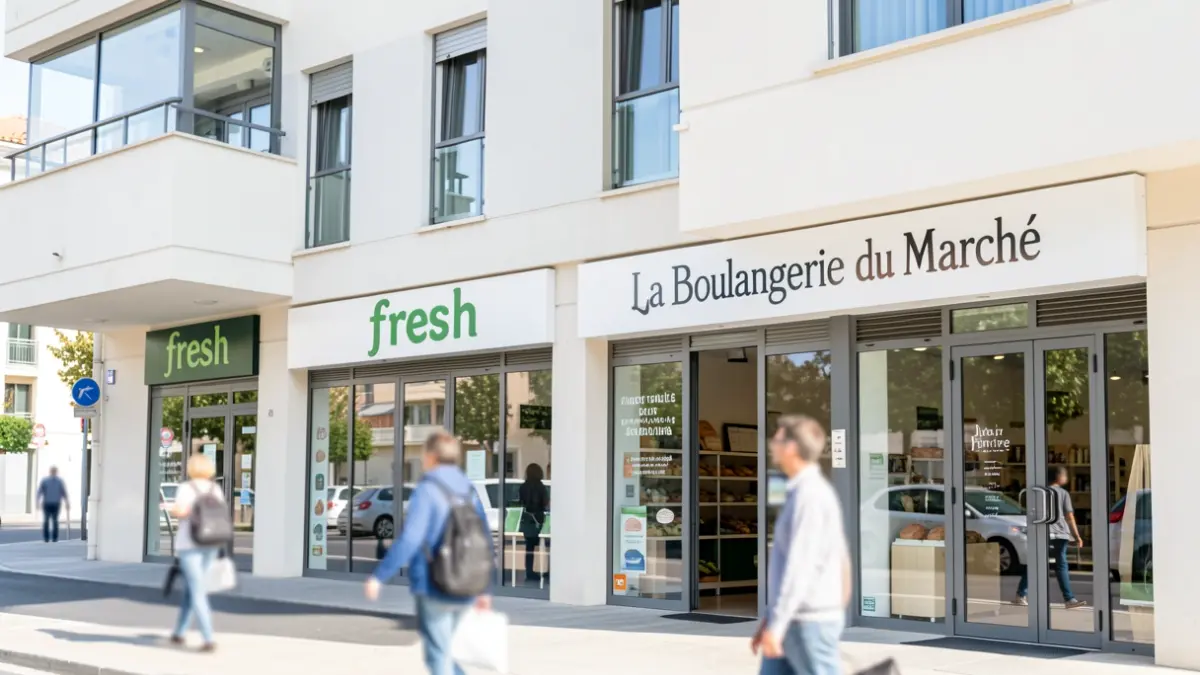 Facade of the new 'fresh' and 'La Boulangerie du Marché' stores in Peynier.