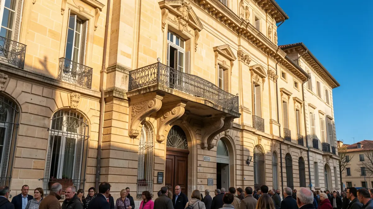 Image générique de la façade en pierre d'un bâtiment officiel avec un balcon orné, sous un soleil d'après-midi.